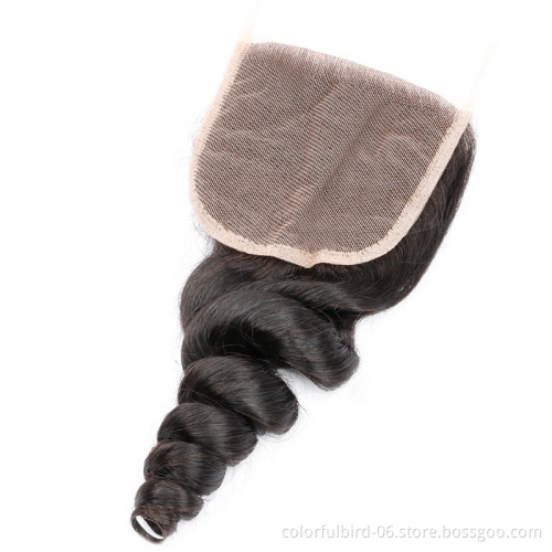 Wholesale  virgin remy hair loose wave 4*4 closure Swiss Lace Frontal natural color 4x4 lace Peruvian hair